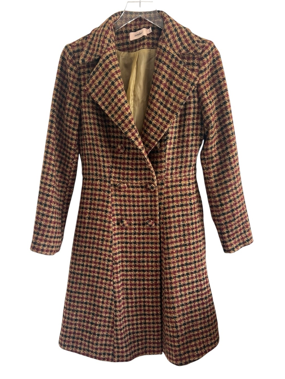 Timeless Wool Blend Houndstooth Long Coat in Burgundy Multi - 1950s Style